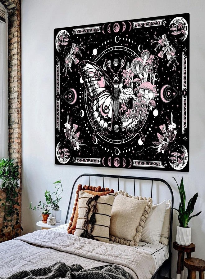 Fungarth Skeleton Butterfly Tapestry Pink Skull Hippie Mushroom Plants Tapestry for Bedroom Moon phase Aesthetic Tapestries Wall Hanging for Living Room Dorm (Pink, 48” x 36”) - Image 4